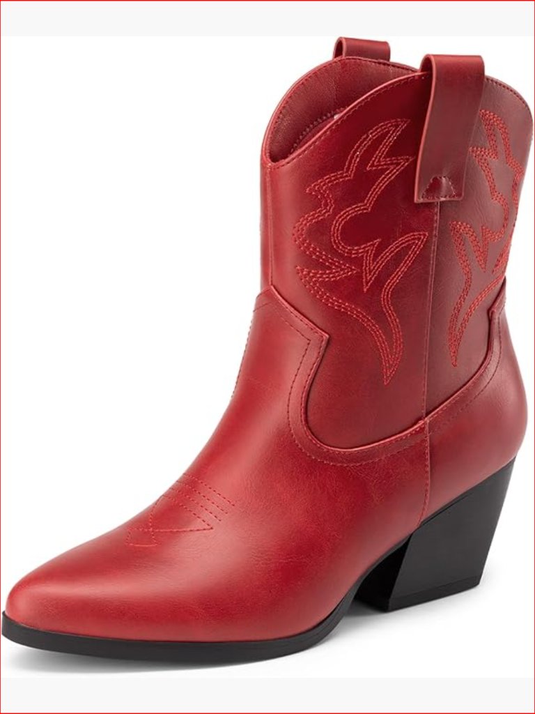 Faux Leather Embroidered Western Ankle Boots With Chunky Heel